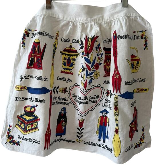 Vintage Whimsical Pennsylvania Dutch Linen Half Apron - Picture 1 of 3